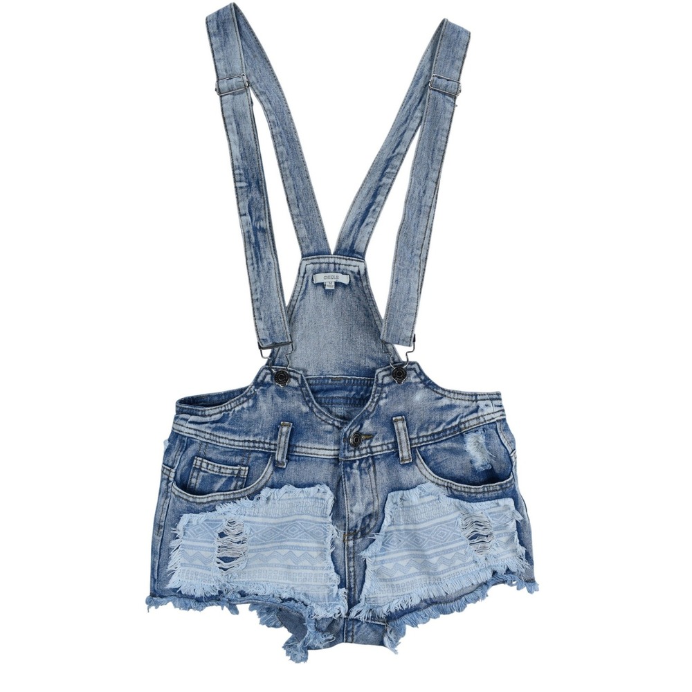 Chiqle Distressed Denim Overall Shorts Light Wash Patterned Patch Shortalls M